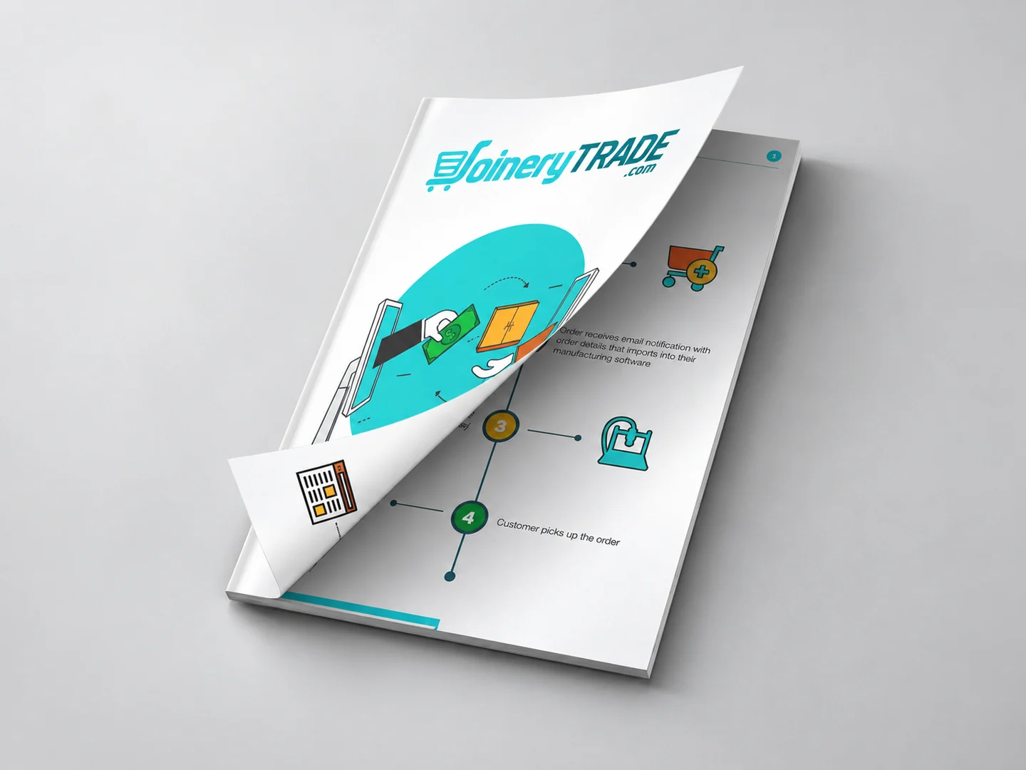 Mockup de la portada del brochure de Joinery Trade, con ilustraciones en turquesa.